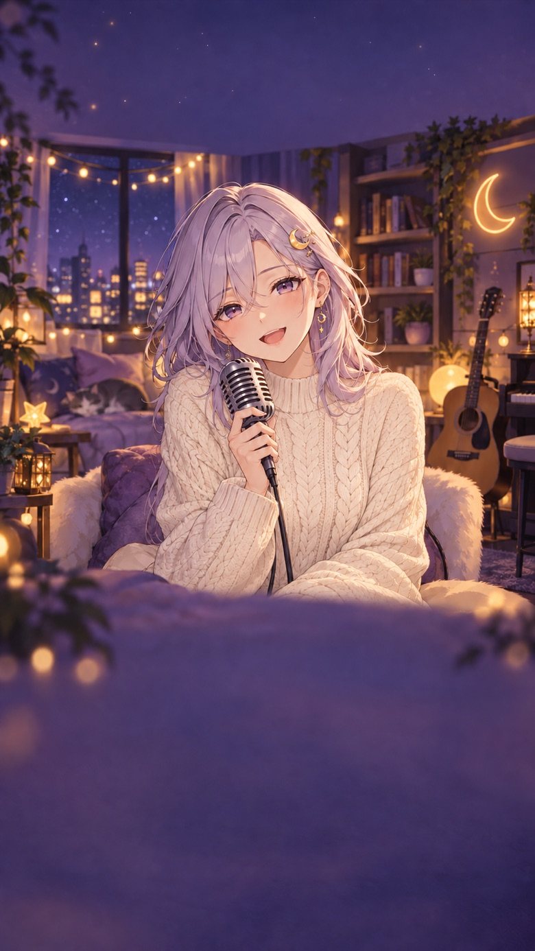 Luna in her room with a moon lamp and a guitar